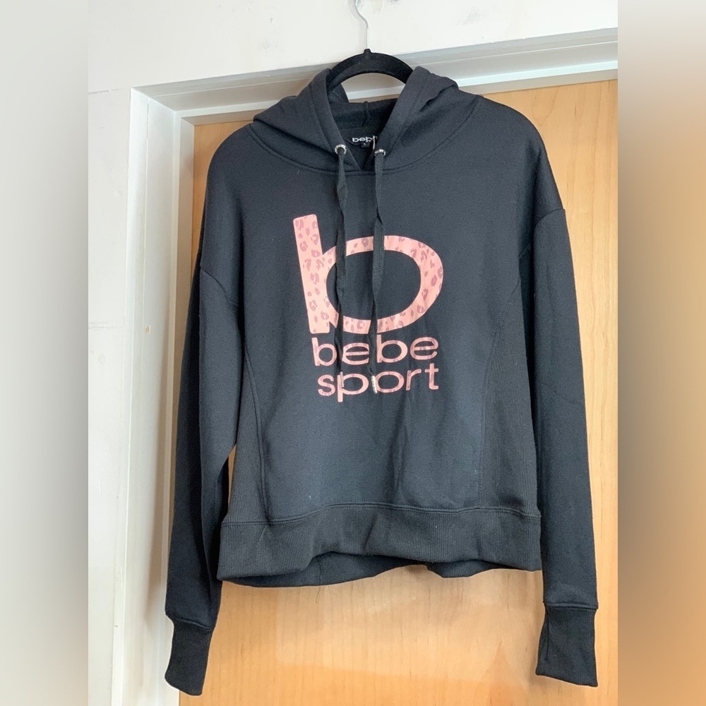 Bebe Sport Black Hoodie with Pink cheetah Logo.  Size Large